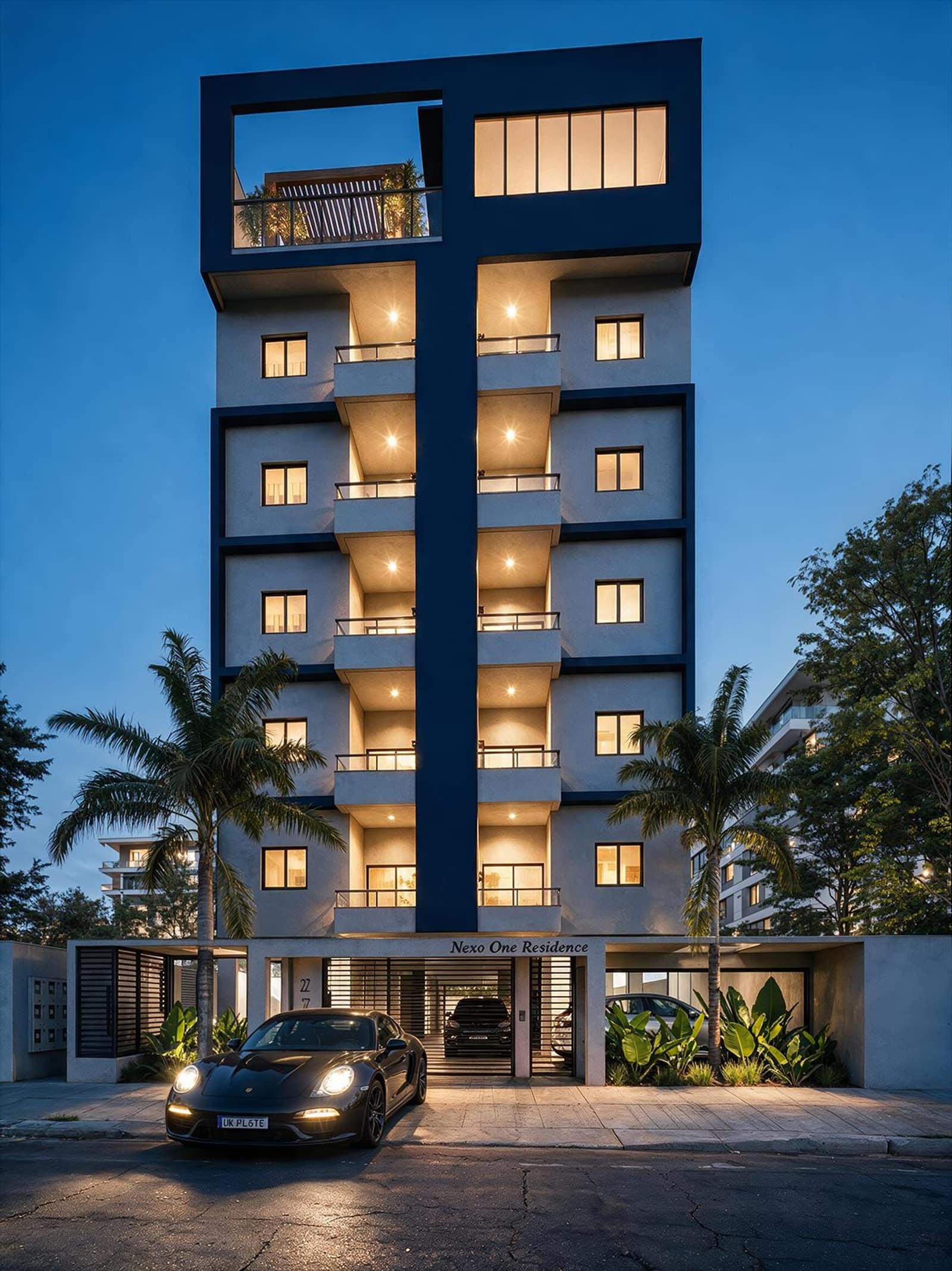 Fachada do Nexo One Residence à noite